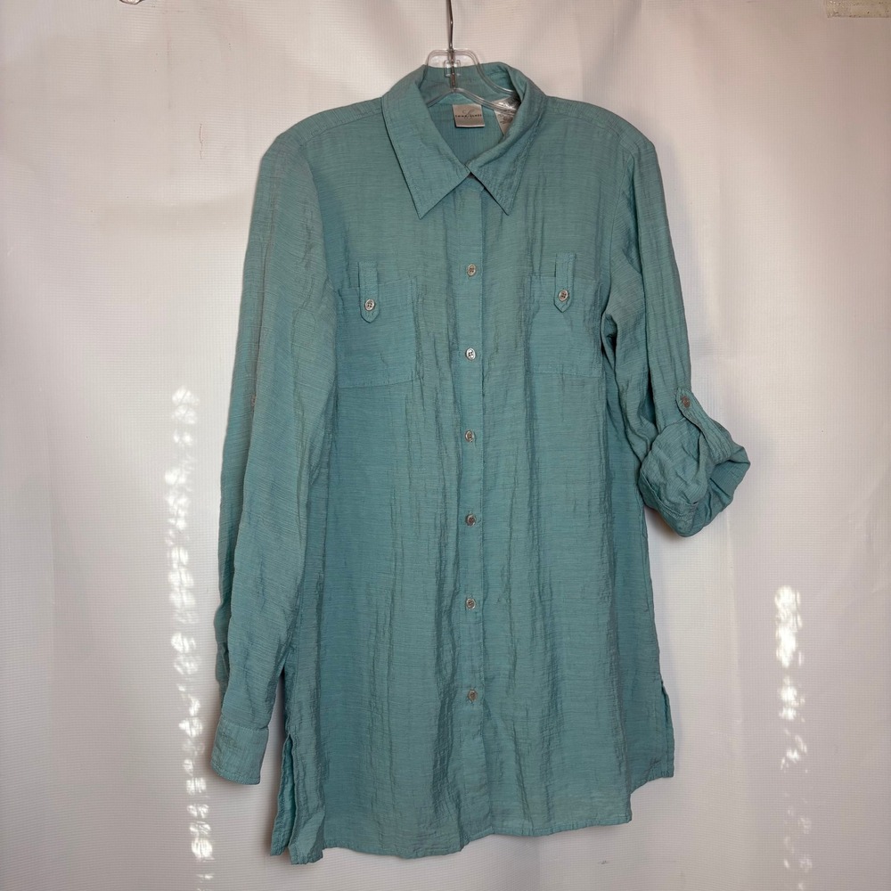 Emma James Women Teal Textured Button Down Shirt Size 12 Roll Tab‎ Sleeves